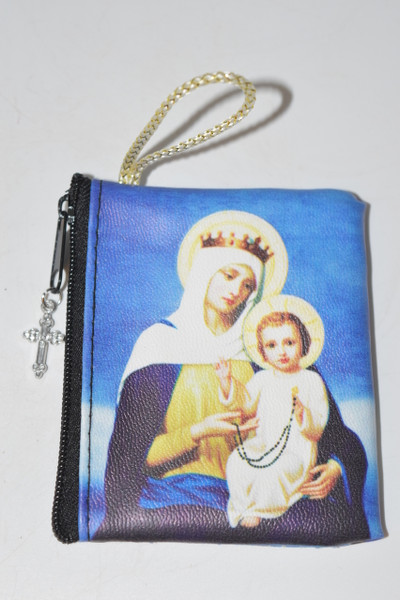 Our Lady of the Rosary Zipper Rosary Pouch with Charm-Rosary Bead Pouch,  Rosary Bead Case, Crystal Carrying Bag,