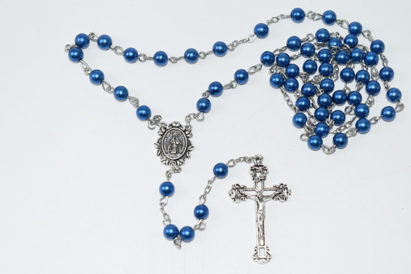 Blue Faux Pearl Rosary Bead Necklace 5 mm Bead- Prayer Necklace