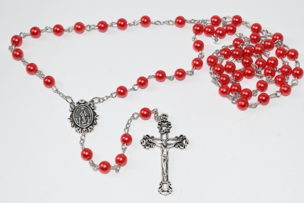 Red Faux Pearl Rosary Bead Necklace 5mm Bead - Prayer Necklace