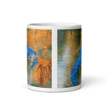 WINGS OF THE BLUE HERON White Glossy Ceramic Mug - Energy Art by Karina Woldt