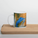 WINGS OF THE BLUE HERON White Glossy Ceramic Mug - Energy Art by Karina Woldt