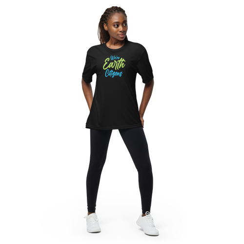 Model wearing We’re Earth Citizens Simple Unisex Performance Crew Neck T-shirt Dark front view