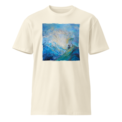 MEDITATION ON MOUNTAINTOP Unisex Premium Cotton T-shirt Energy Art by Karina Woldt - Light