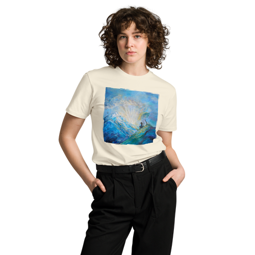 MEDITATION ON MOUNTAINTOP Unisex Premium Cotton T-shirt Energy Art by Karina Woldt - Light