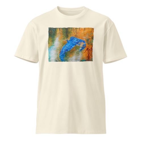 WINGS OF THE BLUE HERON Unisex Premium Cotton T-shirt Energy Art by Karina Woldt - Light