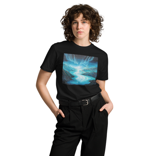 NORTHERN LIGHTS ABOVE LOCH NESS Unisex Premium Cotton T-shirt Energy Art by Karina Woldt - Dark