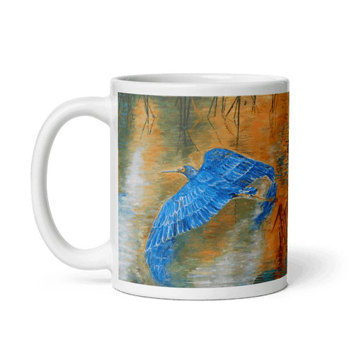 WINGS OF THE BLUE HERON White Glossy Ceramic Mug - Energy Art by Karina Woldt