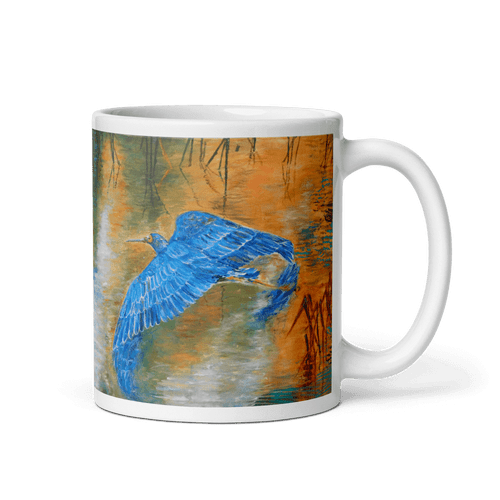 WINGS OF THE BLUE HERON White Glossy Ceramic Mug - Energy Art by Karina Woldt