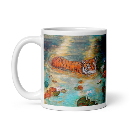 TIGER OF THE BLUE LOTUS White Glossy Ceramic Mug Energy Art by Karina Woldt