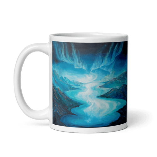 NORTHERN LIGHTS ABOVE LOCH NESS White Glossy Ceramic Mug - Energy Art by Karina Woldt