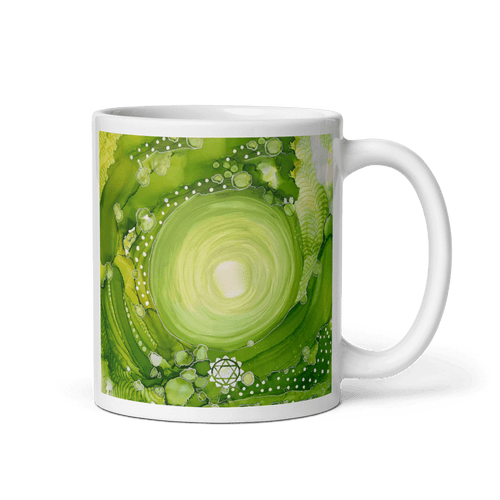 HEART CHAKRA White Glossy Ceramic Mug - Energy Art by Rebecca Bond