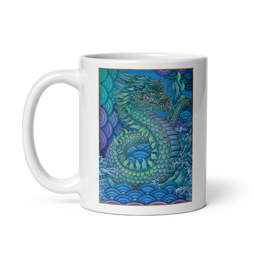 BLUE DRAGON White Glossy Ceramic Mug - Energy Art by Matthew Smith