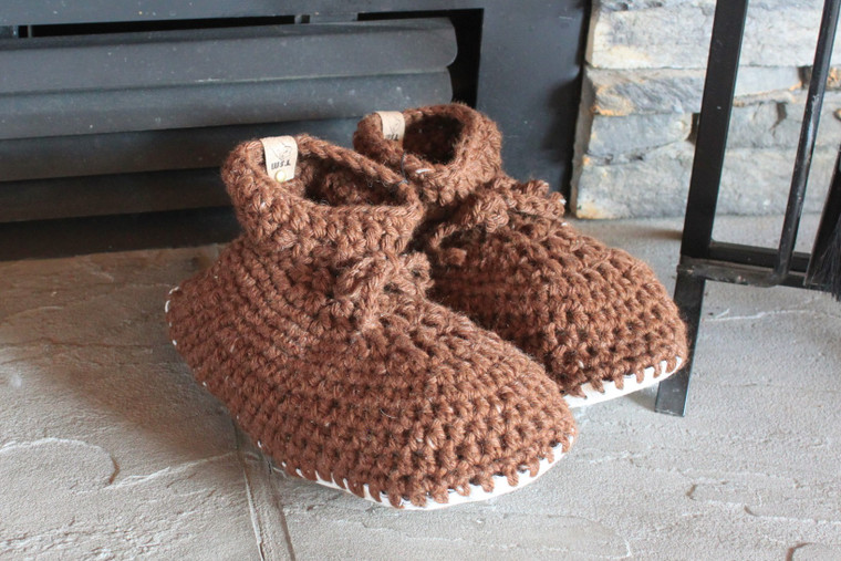 Crocheted Brown Slippers with leather sole