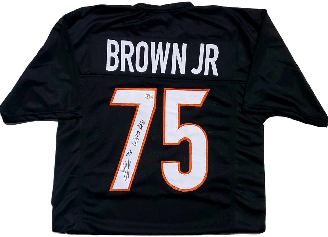 Ohio Sports Group Orlando Brown Jr. Cincinnati Bengals Autographed Black Custom Jersey w/ Who Dey Inscription - Beckett Authentic