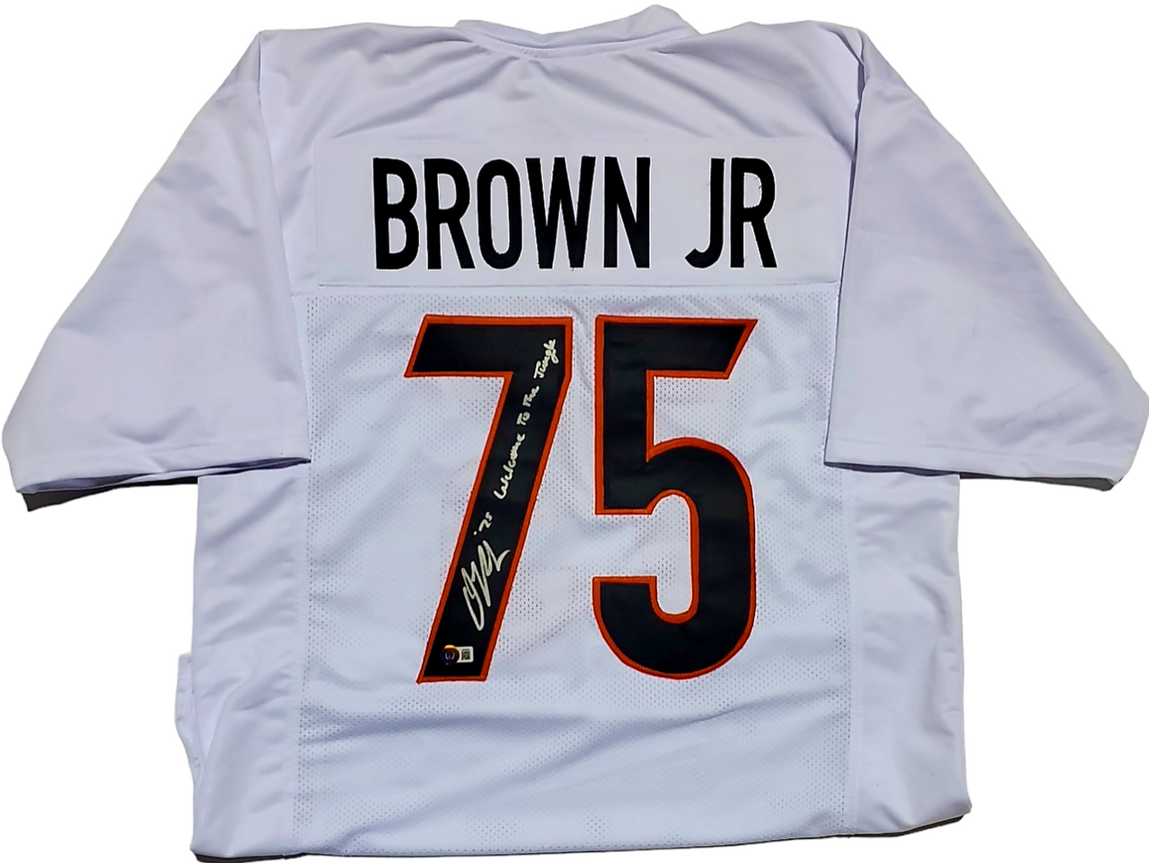 Orlando Brown Jr. Cincinnati Bengals Autographed White Custom Jersey w/  Welcome to the Jungle Inscription - Beckett Authentic