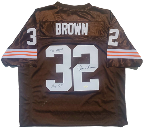 Jim Brown Cleveland Browns Autographed Brown Jersey w/ "MVP" and "ROY" Inscription - PSA Authentic