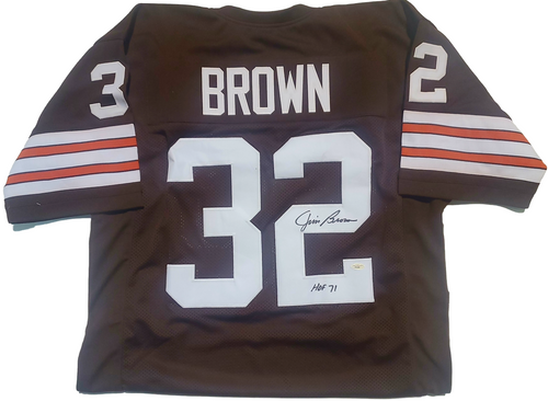 Jim Brown Cleveland Browns Autographed Brown Jersey w/ "HOF" Inscription - JSA Authentic