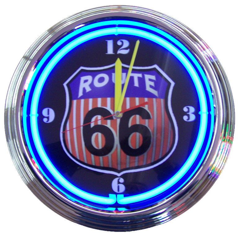 ヴィンテージ　ブルーネオン　ルート66　時計 ROUTE 66 ROUND NEON CLOCK - eFamilyFun