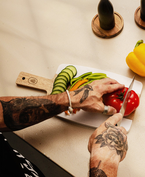 Planche a découper en bois d'acacia et faux marbre blanc # 7607