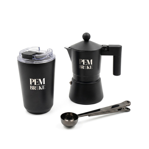 Ensemble café Pembroke noir avec cafetière moka en aluminium et gobelet en acier inoxydable