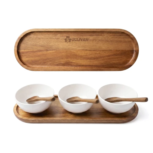 Ensemble de trois bols de service en mélamine avec plateau et cuillères en bois d’acacia