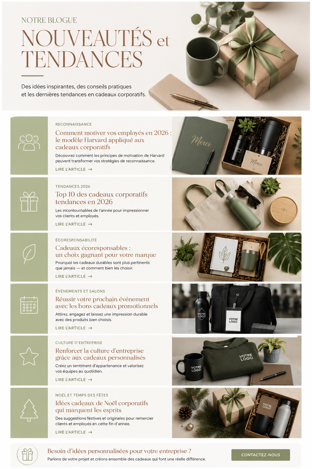 Blogue Cadeaux Tendance présentant les dernières tendances en cadeaux corporatifs haut de gamme, reconnaissance des employés, coffrets personnalisés et idées promotionnelles pour entreprises en 2026.