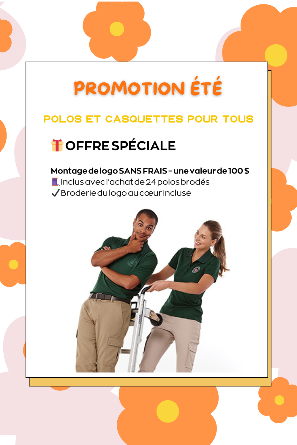  Promo été polos corporatifs personnalisés – prix réduit à 27,95 $ – broderie incluse – Cadeaux Tendance