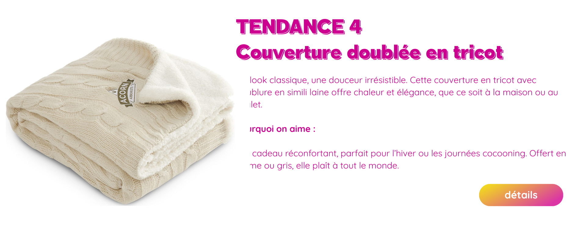 TOP10 TENDANCE CADEAUX CORPORATIFS COUVERTURE TRICOT