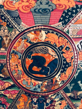 Hand painted Wheel of Life Thangka painting with Blue Silk Brocade