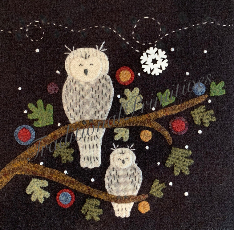 Wooly Block Adventure, Sweet Snowy Owls finished as 8" block.