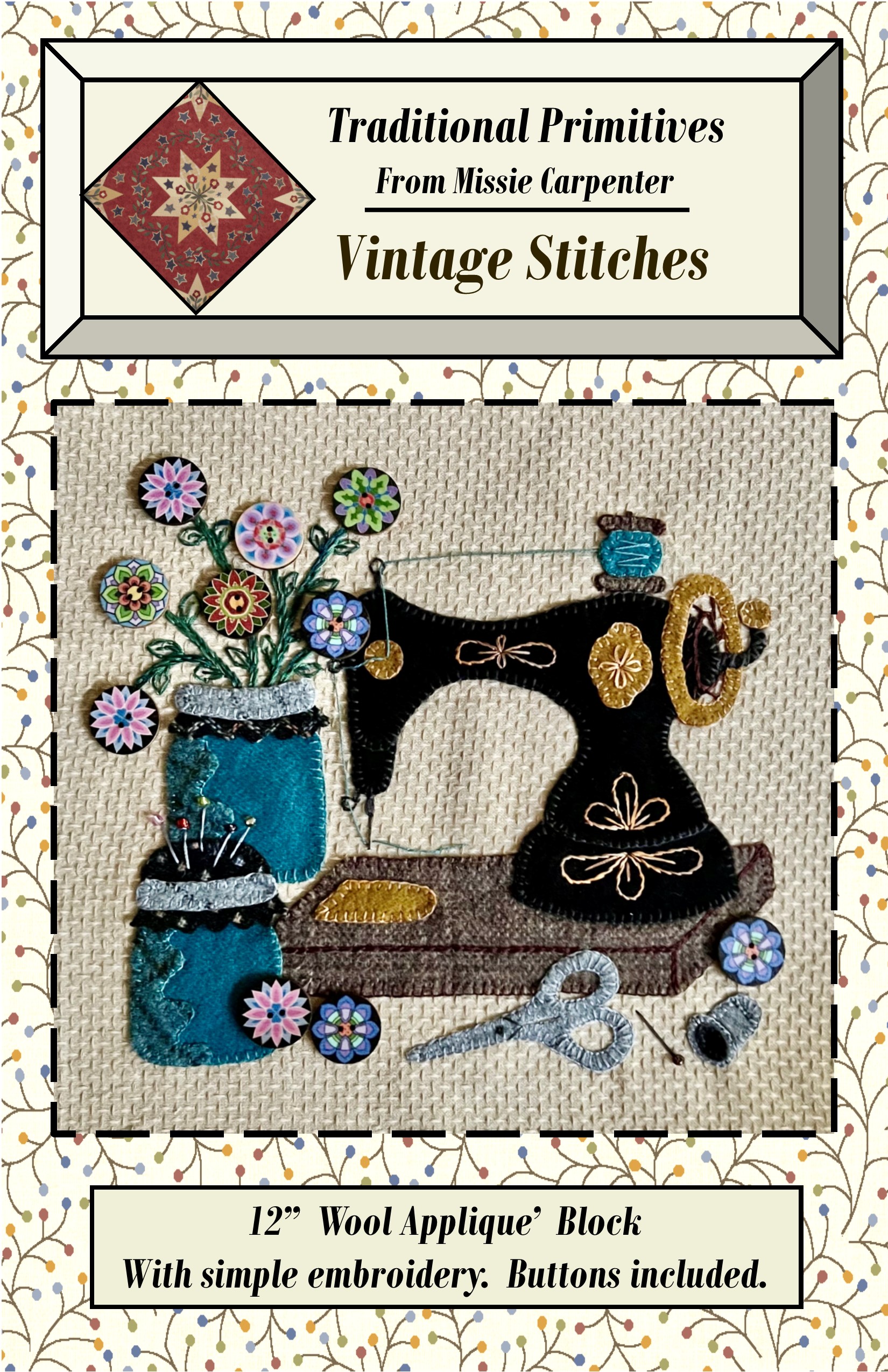 Vintage Stitches -Blue Jar Medley Downloadable Pattern - Traditional  Primitives, image size:1650x2550