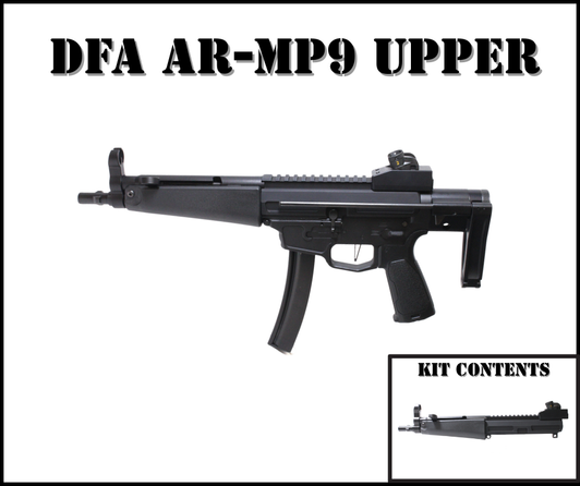 DFA AR-MP9 9MM Upper Receiver with forward charging, MP5 blade sights, and 3-lug adapter DFA AR-MP9 9MM Upper Receiver with forward charging, MP5 blade sights, and 3-lug adapter