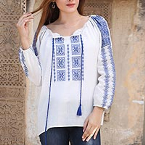 Blue and White 100% Cotton Moroccan Embroidered Tunic 'Eternal Love'