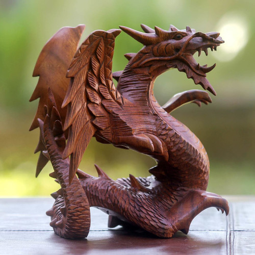 Hand Carved Wood Dragon Sculpture 'Winged Dragon'