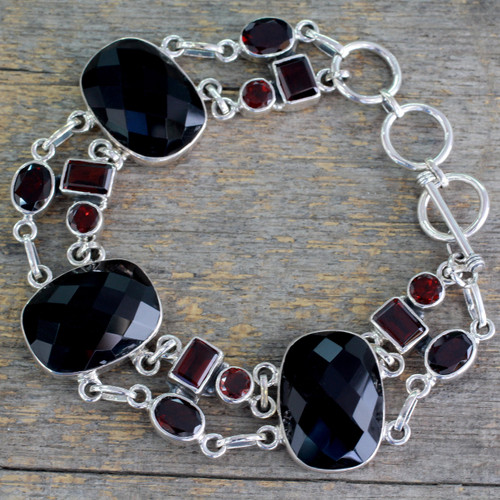 Onyx Link Bracelet with Garnet and Sterling Silver  'Exotic Drama'