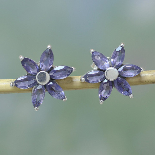 Iolite Earrings Hand Crafted Sterling Silver Button Jewelry 'Ocean Daisy'