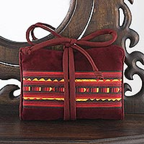Thai Hill Tribe Crafted Burgundy Cotton Blend Jewelry Roll 'Tribal Jewels'