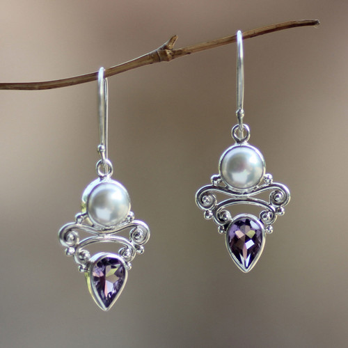 Amethyst and Pearl Dangle Earrings 'Guardian Moon'