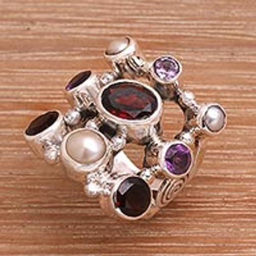 Hand Made Pearl and Garnet Multigem Ring 'Tree of Lights'