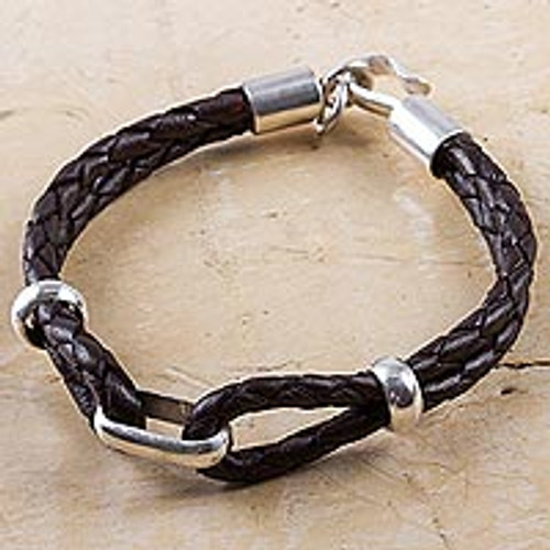 Handmade Men's Sterling Silver and Leather Bracelet 'Naturally'