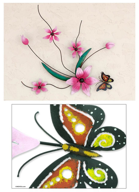 Pink Flowers Handmade Painted Iron Wall Sculpture Mexico 'Butterfly Bouquet'