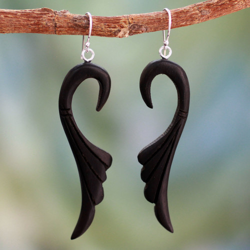 Ebony Wood Earrings Carved by Hand 'Graceful Leaves'