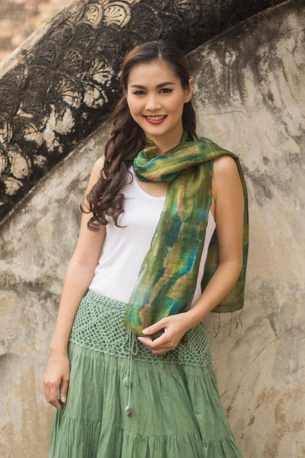 Tie Dye Green and Blue Silk Scarf from Thailand 'Green Thai River'