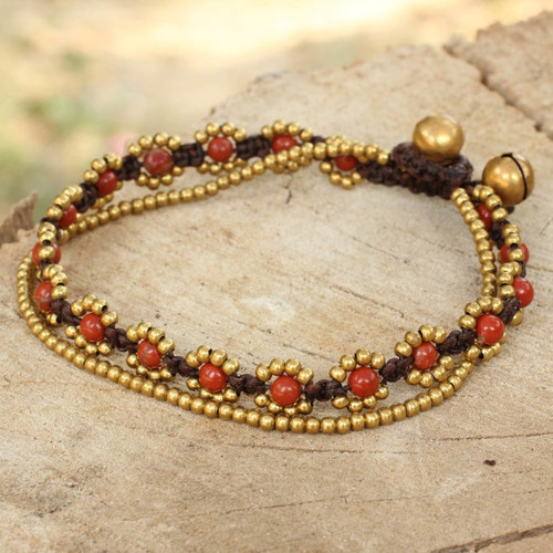 Hand Knotted Beaded Bracelet with Jasper and Brass Bells 'Fiery Sky'