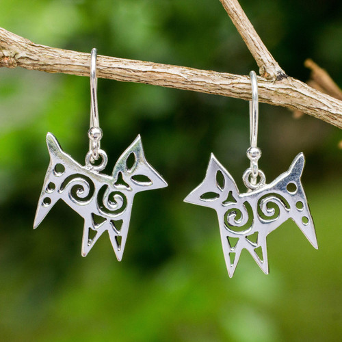 Thai Handcrafted Openwork Sterling Silver Stylized Earrings 'Chic Cat'