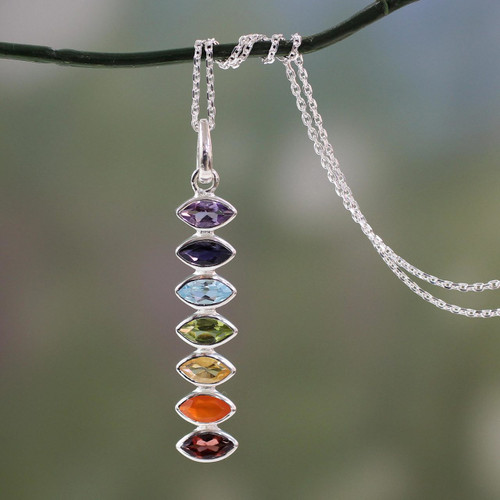 Indian Seven-Gemstone Chakra Necklace in 925 Sterling Silver 'Chakra Balance'