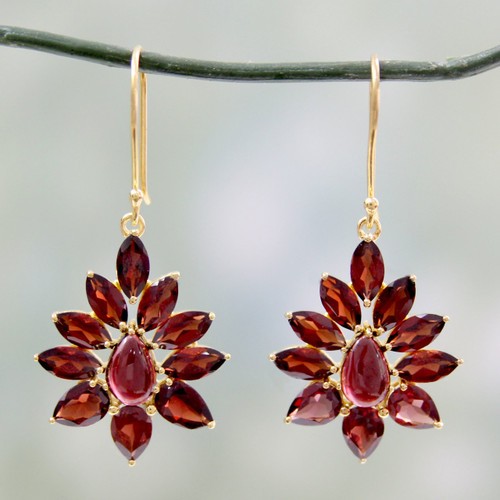 Hand Crafted 18k Gold Plated Earrings with Garnets 'Claret Sunburst'