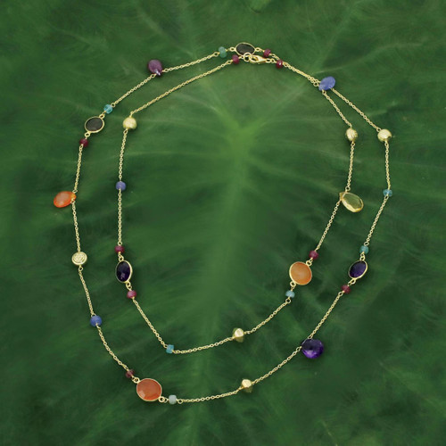 Multi Gemstones on Gold Plated Long Station Necklace 'Color and Fantasy'