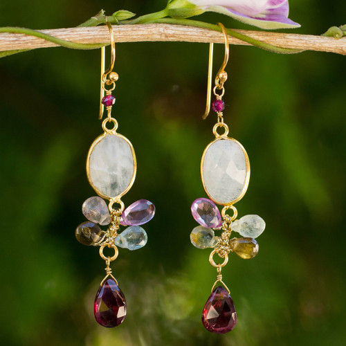 Moonstone Garnet and Tourmaline 24k Gold Plated Earrings 'Rainbow Snow'