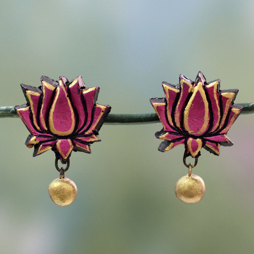 Pink and Gold Colored Hand Painted Terracotta Earrings 'Lotus Majesty'